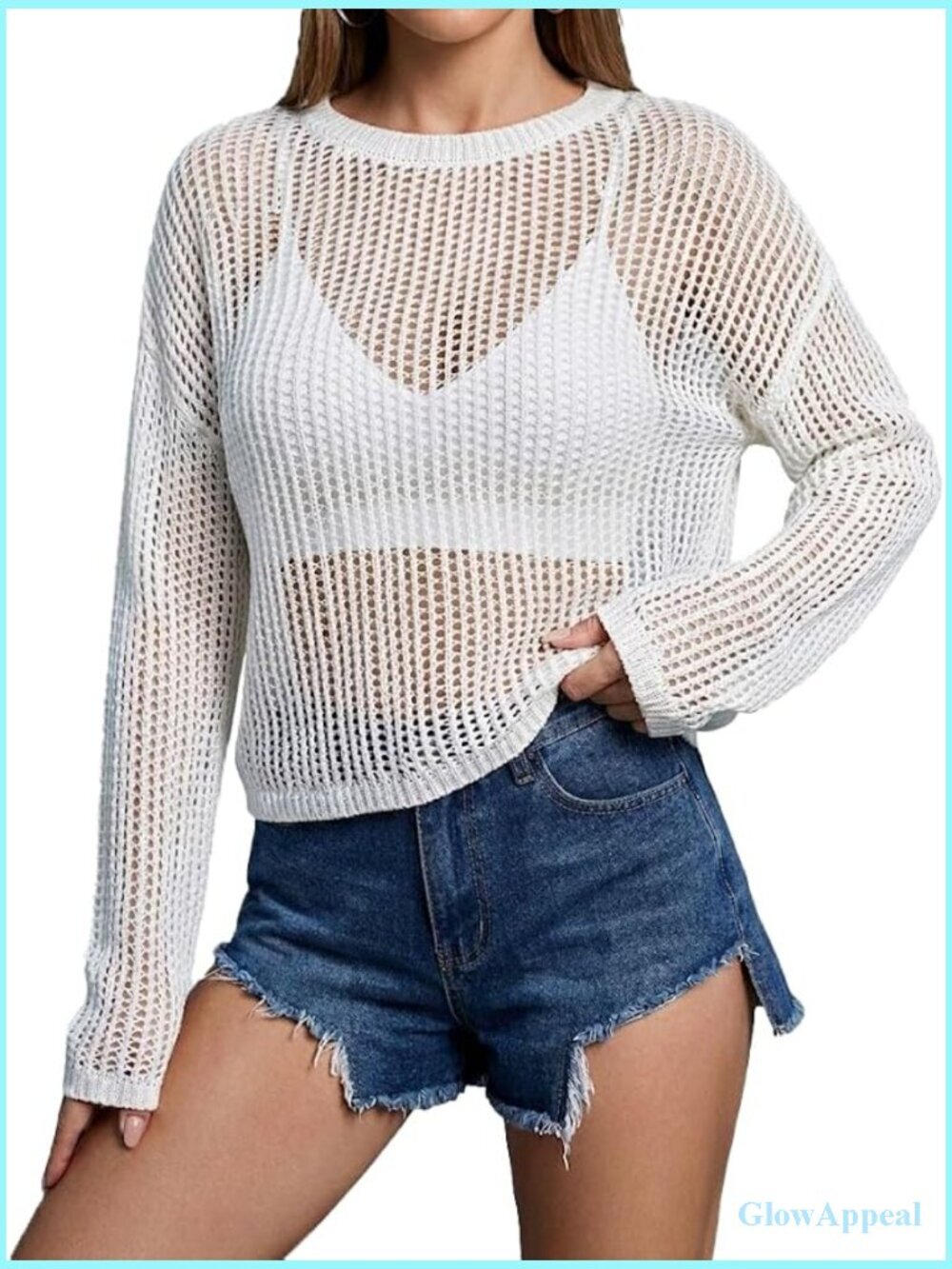 Women's Knit Crochet Swim Coverup Sheer Mesh Long Sleeve Beachcover Pullover
